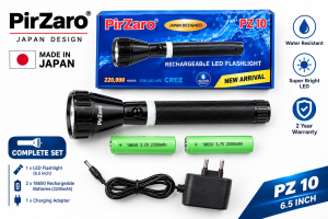 [2 Years Warranty] PirZaro PZ10 Original LED Torch Light Rechargeable Super Bright 6.5 Inch Lampu Suluh Pocket Size Long Range Waterproof Flashlight Tactical Kit With Extra 14500 Li-ion Battery & AC Wall Charger Power Pack