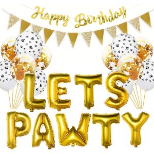 Dog lets pawty ballons happy birthday banner 12 dog paw print ballons with pendant flags for dog birthday party