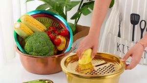 DOCBLACK Colander 3Pcs Stainless Steel Kitchen Tool 3 in 1 Drain Basket Fruit and Vegetable Cutter Strainer Bowl Set Drain Pot Basket Grater for Fruits Vegetables Rice Washing Mixing - Gold