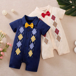 Baby Romper For 0-18months Cotton Short Sleeve Rhombus Plaid Bodysuit Bow Tie Jumpsuit Clothes Baby Boys
