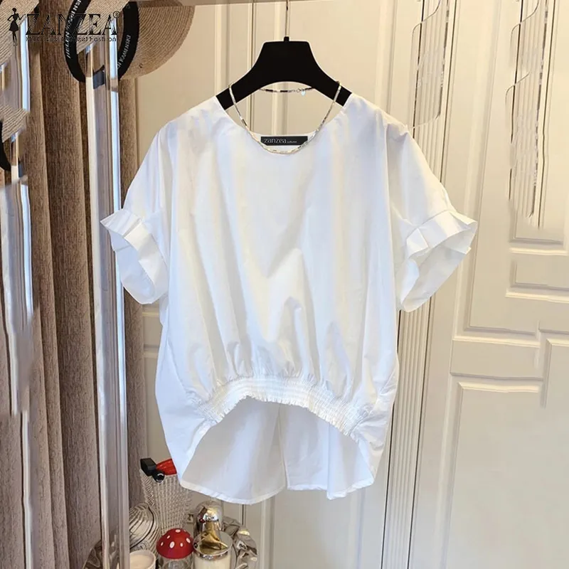 Celmia ZANZEA Women's Blouse Casual Loose Batwing Sleeve O-Neck Top Fashion  Pleated High Low Tee Shirt #3