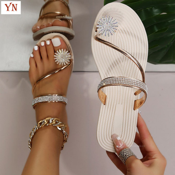 Wioihee Women's T-Strap Beaded Flower Rhinestone Flat Sandals Dress Beach Shoes Clearance White 9 5 43
