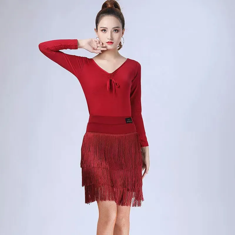 Flat Tassel Latin Dance Skirt S~5XL Red Black For Women Adult