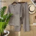 Celmia ZANZEA Women Two-piece Outfits Retro 3/4 Sleeve Loose Top Elastic Waist Trousers Grid Printed Sets #1208. 