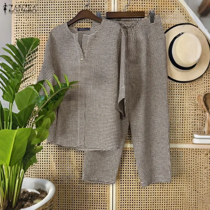 Celmia%20ZANZEA%20Women%20Two-piece%20Outfits%20Retro%203/4%20Sleeve%20Loose%20Top%20Elastic%20Waist%20Trousers%20Grid%20Printed%20Sets%20#1208%20-%20Image%202