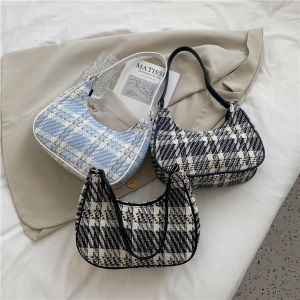 Korean Style Vintage Plaid Pattern Leather Canvas Shoulder Bag Women Underarm Bag Hobo Handbag Casual Sling Bag for Women [Pinfect]