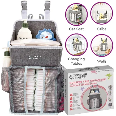 Baby Hanging Crib Organizer - Changing Table Diaper Wipes Stacker - Infant Toddler Newborn Playard Nursery Caddy - Wall Door Car Holder Portable Storage - Large Toy Shelves with Straps Hooks - Stain Resistant - for Boy Girl Shower Gift (ToddlerFinest)