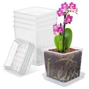 BMFUEW with Trays Clear Flower Pots Square Ventilated Drainage Holes Breathable Seedling Cups Sturdy Thickened Plastic Aeration Plant Pot Indoor Orchid Growing