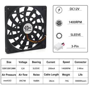 1pcs SXDOOL 12mm Ultra Thin Fan 120X120x12mm 12cm 120m Fan DC 12V 3-Pin 1400RPM DC Cooling for Computer Case 1212S12S 12012