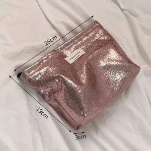 กระเป๋าคลัทช์แชมเปญสีเงินแวววาวแวววาวกระเป๋าเครื่องสำอางความจุขนาดใหญ่แบบพกพากระเป๋าใส่เครื่องสำอางอุปกรณ์อาบน้ำกระเป๋าจัดกระเป๋าเก็บของ