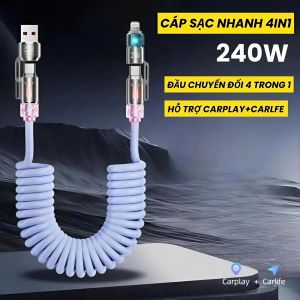 Dây Sạc Nhanh 240W Lò Xo Kéo Dài 2M Cáp Sạc Nhanh Hỗ Trợ Truyền Dữ Liệu Carplay+Carlife