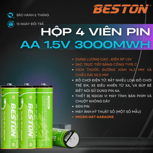 Bộ 4 Pin sạc AA 1.5V Beston 3000mWh Lithium 2AC -80hỗ trợ sạc nhanh trực tiếp bằng cổng USB type C