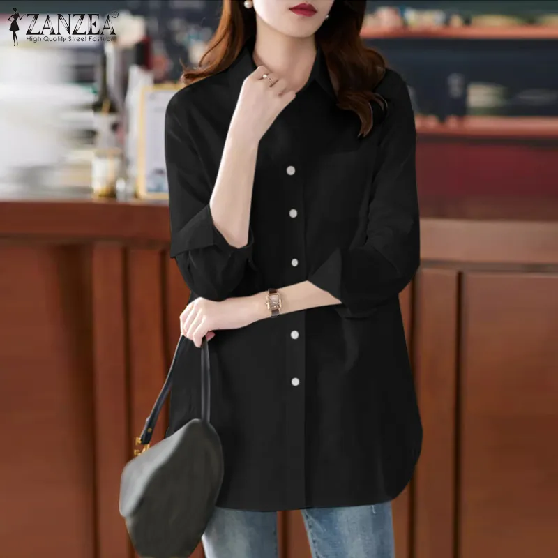 Elegant Women 3/4 Sleeve Split Hem Long Shirt ZANZEA Autumn