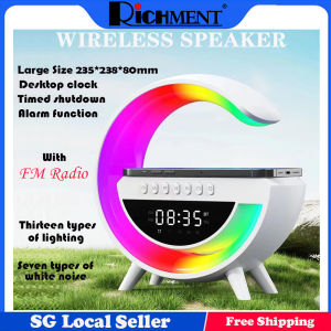 【✅SG Seller✅】RICHMENT Multifunctional LED Smart Speaker Bluetooth Speaker-Colorful Atmosphere Light with Wireless Charging and FM Radio and Alam Clock All-in-one Machine Strengthfully Large Bluetooth Speaker for Bedroom Home Decor(with FREE SHIPPING)