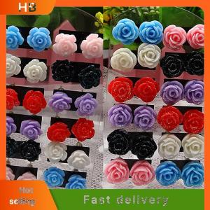 HB 12 Pairs Mystic Rose Stud Earrings Mixed Color Flower Earrings Wholesale