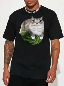MenS Funny Cat Meme Graphic T-Shirt - Lightweight Cotton Crew Neck Tee with Playful Cat & Design Black Casual Summer Shirt for Daily Wear & Party Outfits Creative Gift Idea Cat Tshirt Humorous Apparel Humorous Design Comfortable Fit