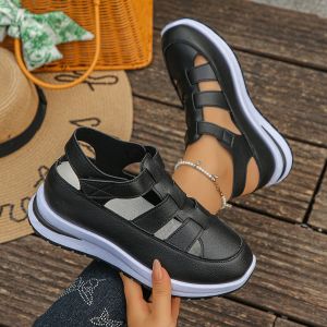 Free Shipping WomenS Sandals Hollowed-Out Roman-Style Leather Sandals Breathable Summer Shoes With Inner Height-Increasing Wedge Heels Casual Sandals Thick-Soled Sandals