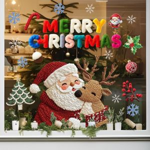 HUNIU 2D Flat Printed 3D Christmas Static Cling Decal Removable Static Waterproof Plush Weaving Style Glass Window Sticker Squirrel DIY Xmas Party Door Stickers New Year