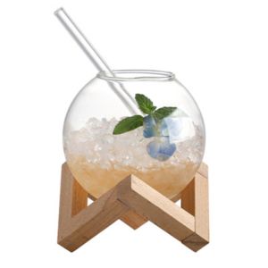 YOCKY Ronud Ball Shaped Spherical tail Glass Cup with Straw Transparent Drink Cup Moon with Wood Stand Juice Tumbler Gift