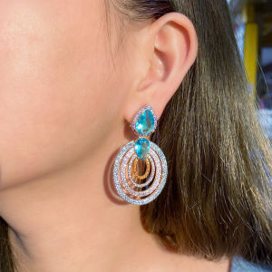 SEQUITO Super Luxury Micro Pave Blue Pink Cubic Zirconia Stone Big Water Drop Round Dangle Earrings Dubai Style Gold Plated Women Wedding Jewelry SE540