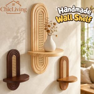 ChicLiving Wood Floating Wall Shelf Rattan Style Solid Pine Rack Vintage Decor Storage Display Books