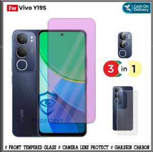 Paket 3in1 Tempered Glass Blue Light Vivo Y19s 4G Y28 4G NFC Y27 4G Y36 4G Anti Radiasi UV Blue Free Camera + Garskin