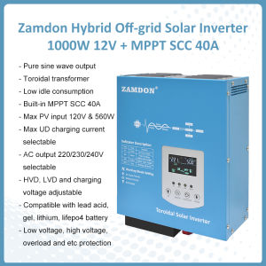 Zamdon Toroidal Hybrid Off-grid Solar Inverter 12V1000W with 40A MPPT SCC