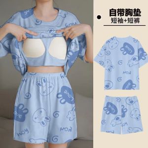 Printed pajamas with chest pads womens summer new large size loose short-sleeved womens loungewear set maternity clothes can be outside