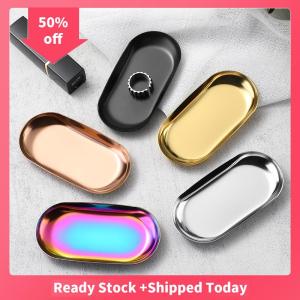 🔥🔥🔥sjqgqx Stainless Steel Manicure Jewelry Storage Tray Metal Cosmetic Storage Oval Cake Fruit Dessert Tray Snack Plate Kitchen Organizer