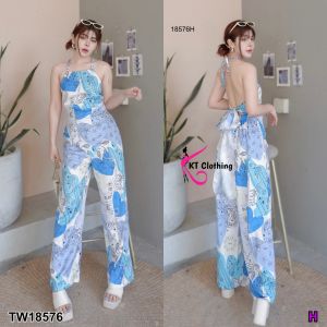 P18576 Set 2 ชิ้น เสื้อสายเดี่ยวคล้องคอ โบว์ผูกหลัง + กางเกงขากระบอก พมพืลายกราฟฟิก