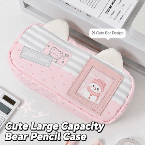 BHYJGD Cat Ear Design Pencil Case Bear Print Multi-Layer Pen Bag Cute with Photo Window Stationery Organizer Gift