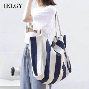 IELGY womens korean style retro simple striped canvas large capacity shoulder bag