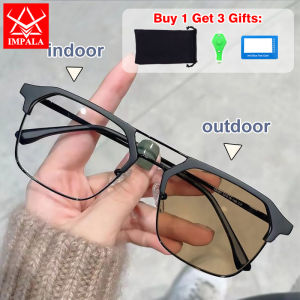 IMPALA FL2068W Tự động thay đổi màu sắc Kính máy tính cho nam giới và phụ nữ chống ánh sáng xanh photochromic Kính mắt cầu đôi phong cách cổ điển khung kim loại 3 màu UV400 ống kính