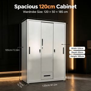 Steel 3‑Door Wardrobe with Mirror Matte White Metal Sliding Wardrobe Heavy‑Duty Waterproof Minimalist Storage Cabinet