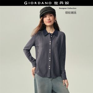 GIORDANO Women Cardigans Contrast Collar Striped Cardigans Embroidery Fashionable Casual Relaxed Cardigans 18356224
