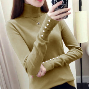 sweater baju rajut wanita RH turtleneck kancing mutiara polos press body streatch baju rajut leher tinggi