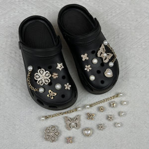 14Pcs Retro Flower Pearl Shoe Buckle 3D Diamond Inlaid Butterfly Shoe Flower Detachable Shoe Chain Decoration Set for Crocs