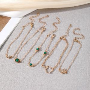 5PCS Elegant Metal Imitation Emerald Inlaid Diamond Bracelet Set  Adjustable Jewelry for Women