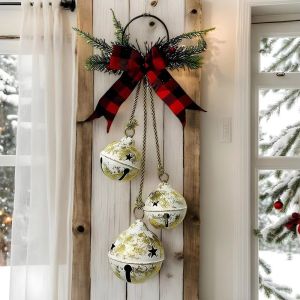 BLACKON Shatterproof Christmas Tree Bell Decorations Rustic Style Three-Bell Metal Bell Tree Hanger Bells Hanger with Bowknot Wall Hanging Ornament Holiday Decorations