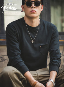 Maden brand tooling style autumn new men youth campus academic male long-sleeved T-shirt with double yarn pockets foundation black and white classic retro 300G heavy carbon sanding