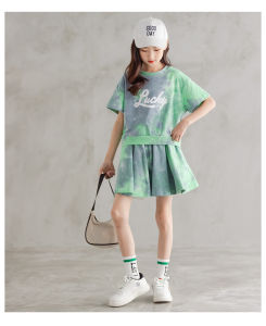 Teenagers Two Pieces Outfits Green Pink Orange Teen Girls Summer 2024 Clothing Sets Kids 2 Pcs Colorful Printed T Shirts & Skirts With Shorts Girl Clothes Children Sport Suits Spring Autumn