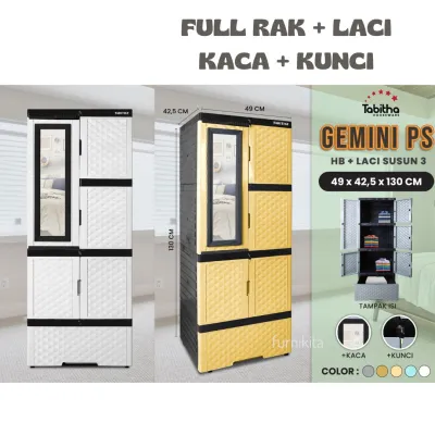 LEMARI PAKAIAN PLASTIK GEMINI GANTUNG KACA KUNCI / FULL RAK DAN LACI [TABBOX]