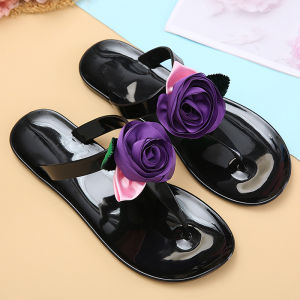 MANXIXI Fashion Women Flip Flop Bohemian Style Beautiful Rose Flowers Jelly Flat Slippers (Size 36-41)
