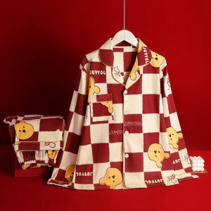 Red Cartoon Pajama Plaid Patchwork Lapel Winnie the Pooh Casual Home Suit Set Women Sets Womens Sleep Lounge Underwear