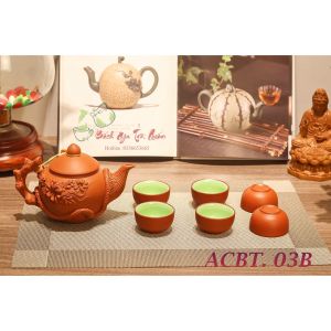 Bộ Ấm Chén Gốm Tử Sa Nâu Đỏ - Hàng Cao Cấp Bát Tràng Loại 1 - Ấm Họa Tiết Phù Dung Đắp Nổi - ACBT03