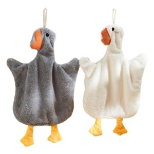 Cute Gooses Design Hanging Hand Towels 2Pack Corals Fleece Absorbent Quick Dry and Soft Bathroom Kitchen Towels for Kids