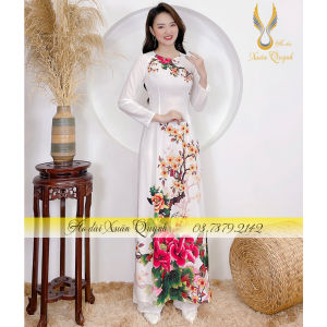 Áo Dài Lụa Habutai Truyền Thống Hoạ Tiết Hồng Trà Đỏ Cao Cấp K86 Trắng - Áo Dài Xuân Quỳnh
