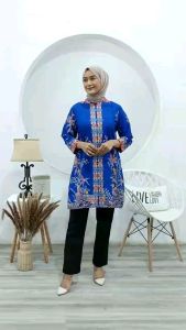 Tunik Batik Wanita Lengan Panjang Ukuran All Size Ld 105 cm & Jumbo Ld 122cm Resleting Belakang Kerah Mandarin