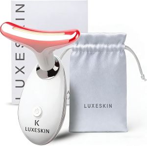 Máy massage mặt và cổ LuxeSkin 7 màu LED trị liệu bằng ánh sáng đỏ Dụng cụ chăm sóc da mặt bằng điện có chức năng rung chế độ làm ấm & túi đựng tiện lợi khi đi du lịch