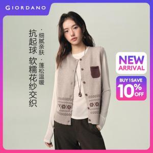 GIORDANO Women Vests Jacquard Heathered Knit Vests Crewneck Contrast Pocket Fashionable Casual Relaxed Knit Vests 18356724